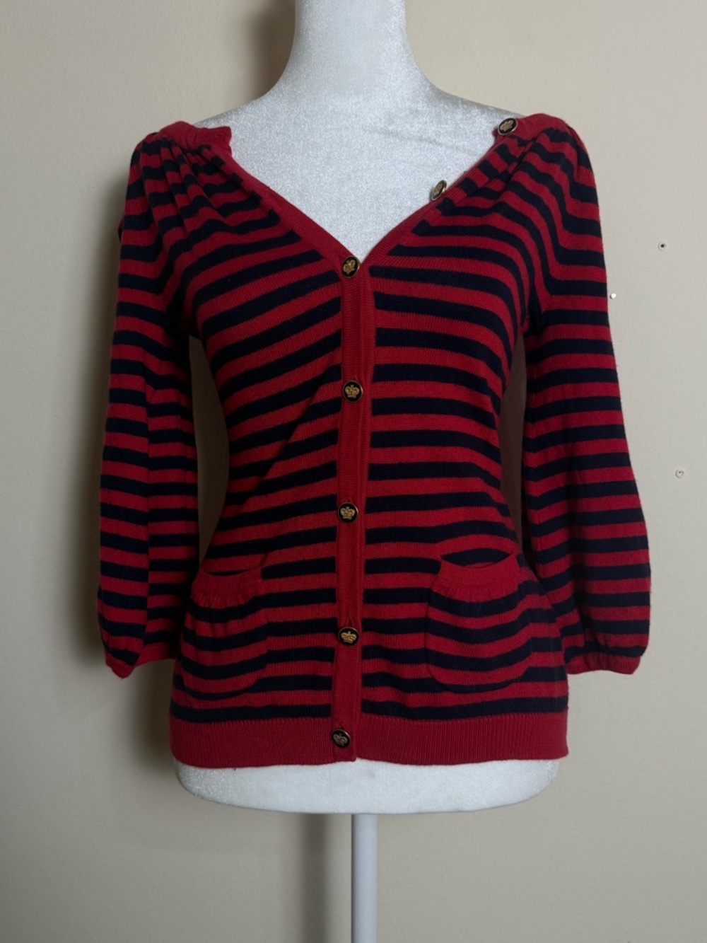 Juicy Couture striped Red and Black V-Neck Button Front Sweater Cardigan